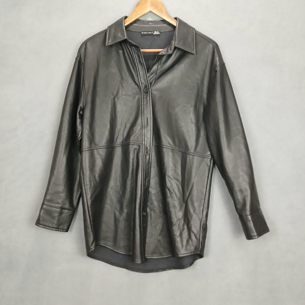 Black Tape‎ Faux Leather Jacket Womens XS Black Stretch Resistance Button Front